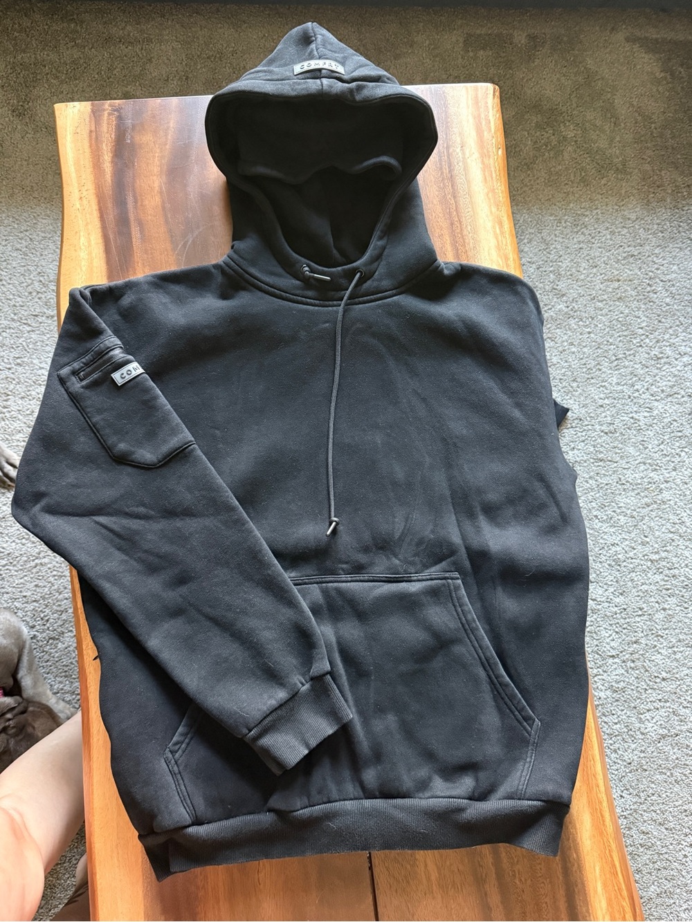 Men's Black Crewneck Hoodie with Subtle Patch Detail - Unbranded
